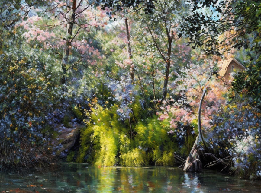 Serene Waterbody with Colorful Flora and Hidden Cottage