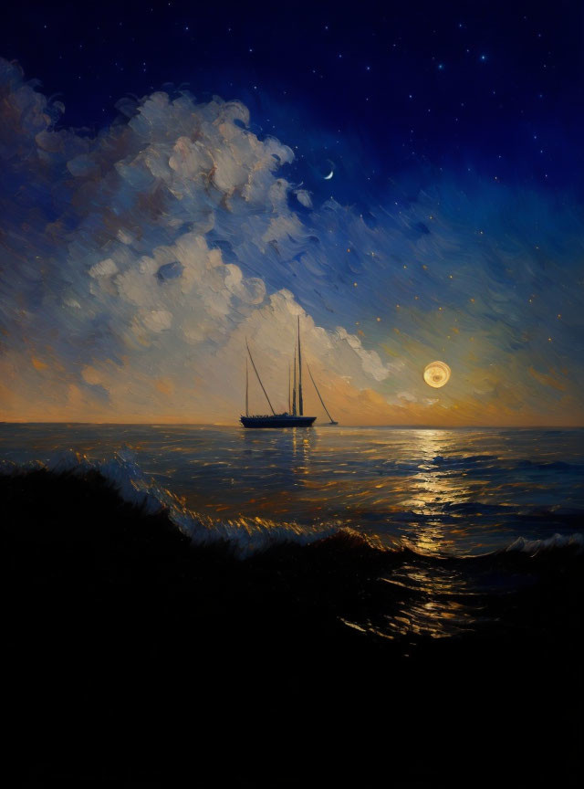 Night Seascape Painting with Sailboat, Starry Sky, Crescent Moon, and Moonlit Ocean