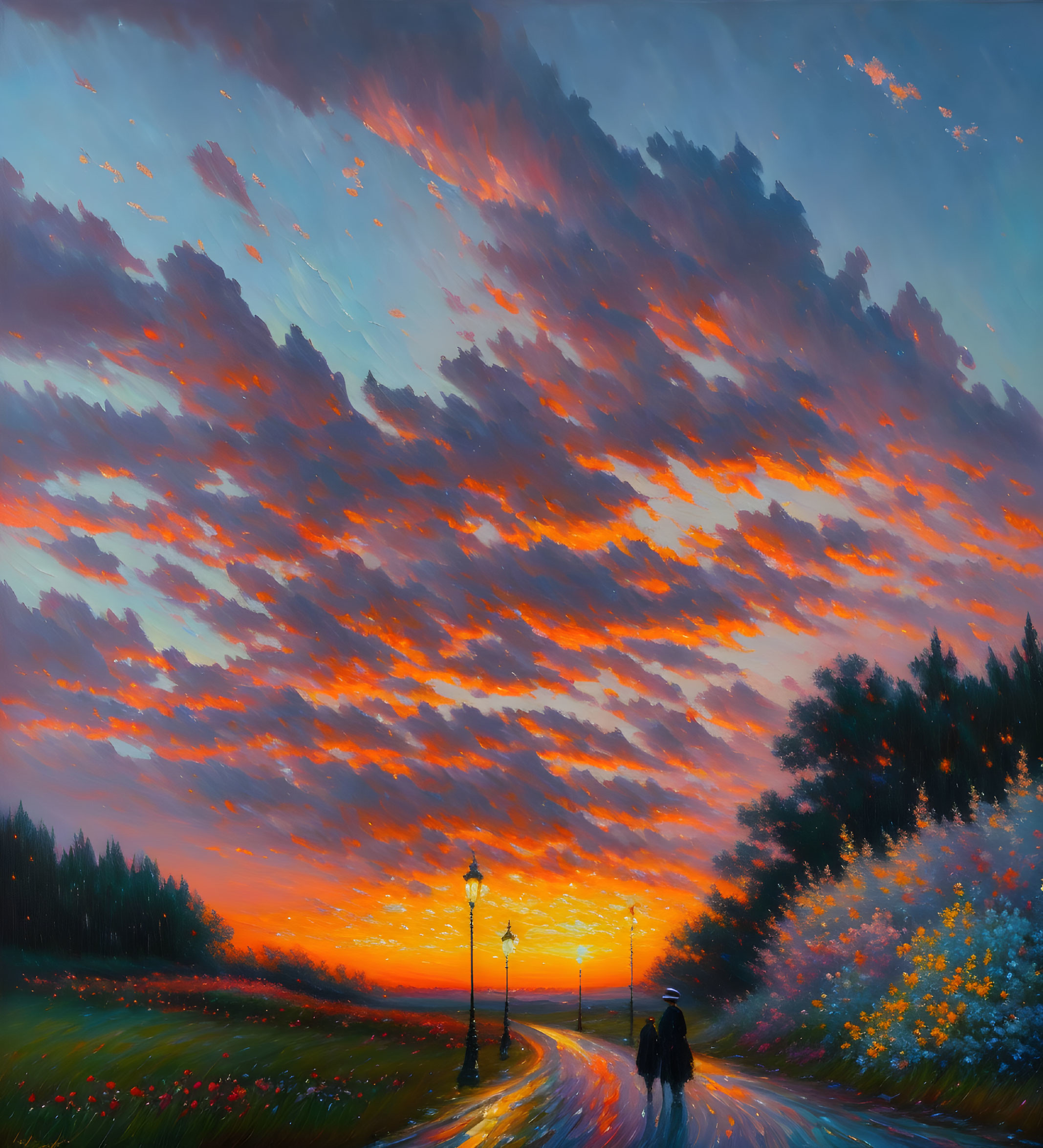 Vivid sunset painting with orange and blue sky, figures walking on illuminated path.