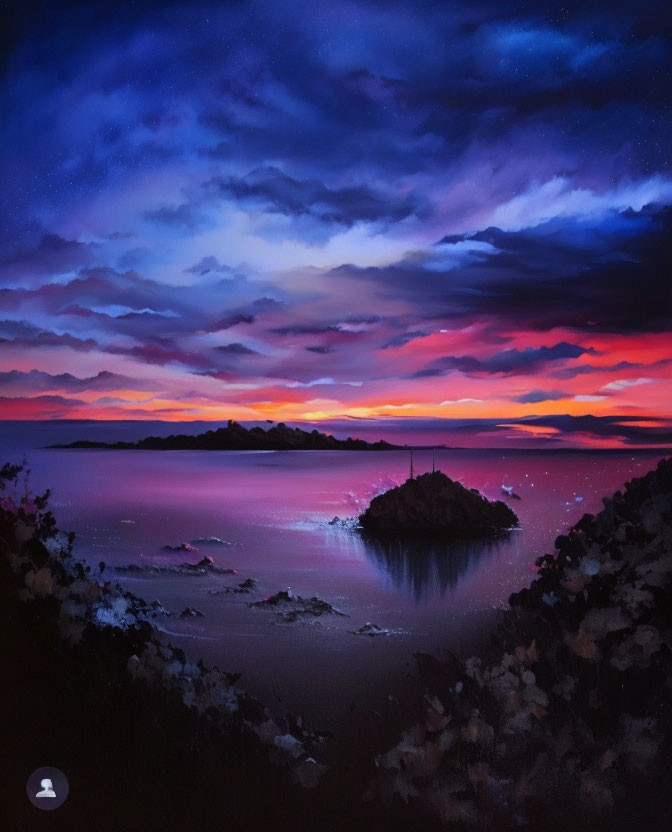 Colorful Twilight Sky Over Tranquil Sea with Silhouetted Island and Lighthouse