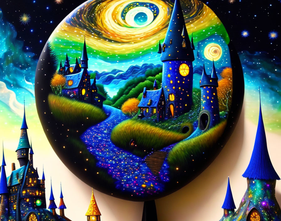 Whimsical castle painting with starry backdrop and winding path