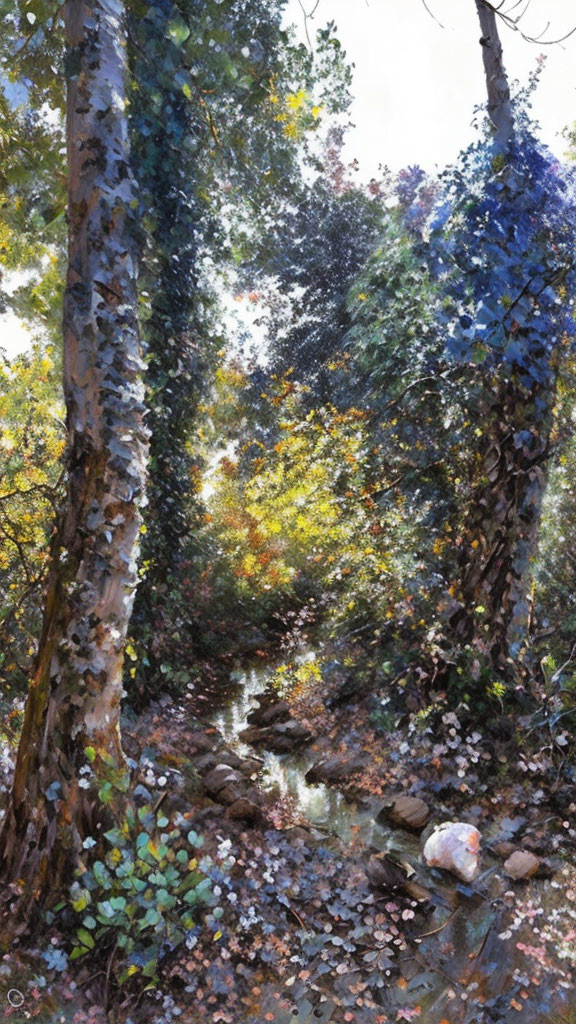 Serene forest stream with dappled sunlight and lush foliage