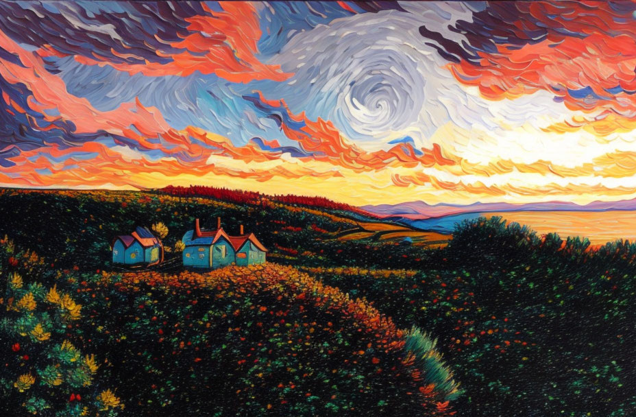 Colorful countryside scene with sunset sky, swirling clouds, houses, and ocean view.