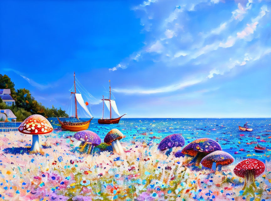 Fantasy seascape painting with oversized mushrooms, sailboats, and vibrant sky