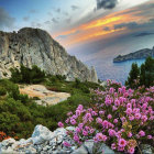 Mountainous seaside sunset painting with pink and white shrubs