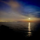 Night Seascape Painting with Sailboat, Starry Sky, Crescent Moon, and Moonlit Ocean