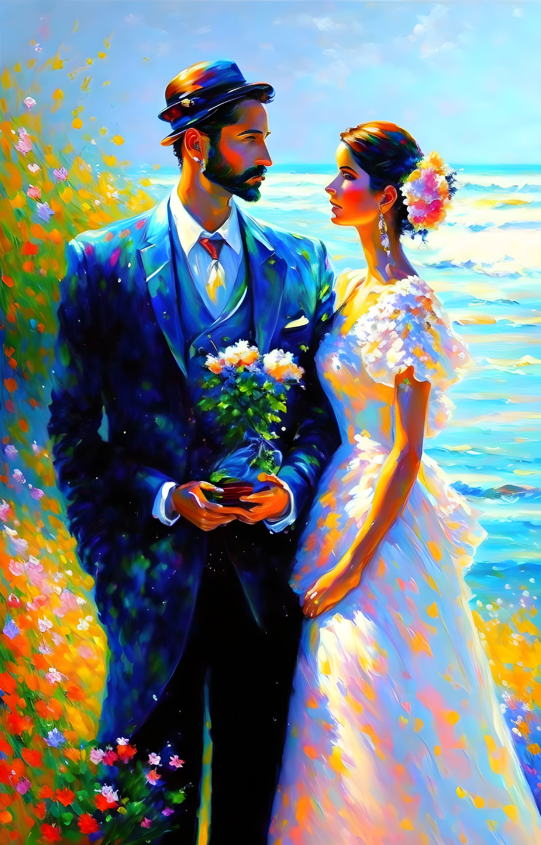 Colorful Impressionistic Wedding Portrait by the Sea