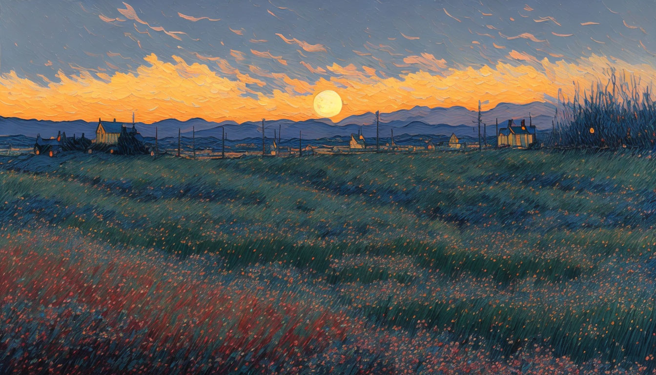 Rural landscape painting with full moon, wildflowers, and colorful sky