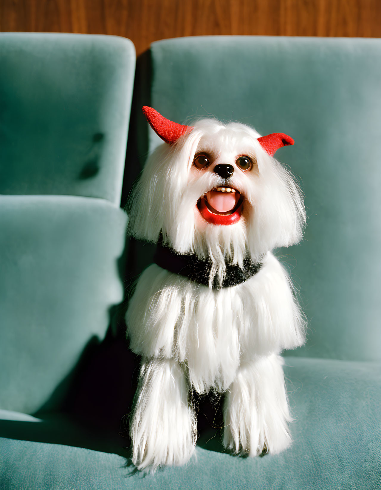 Fluffy White Dog in Red Devil Horns on Green Chair