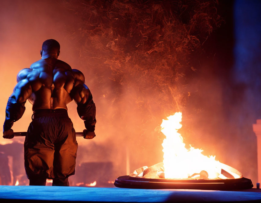 Muscular figure facing fire on dimly lit stage