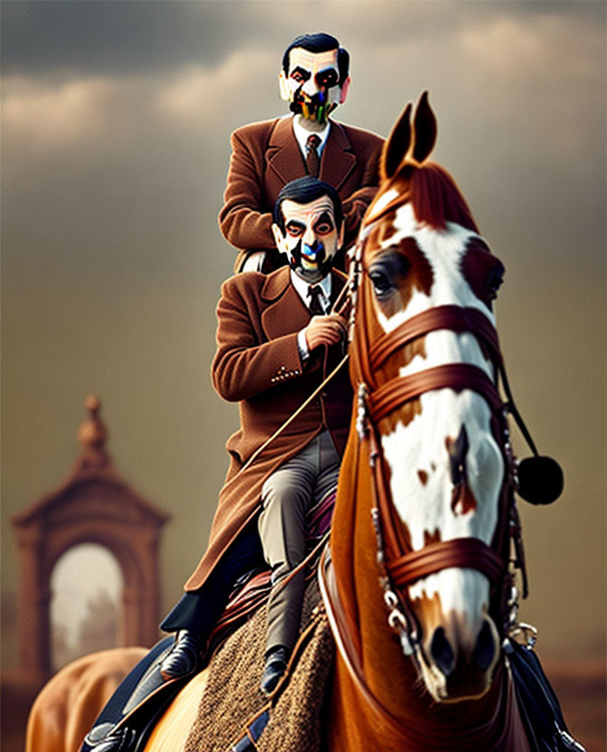 Two people in suits with anonymous masks on horse under cloudy sky with historical arch.