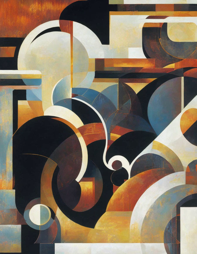 Abstract painting with geometric and curved shapes in white, black, and earthy tones