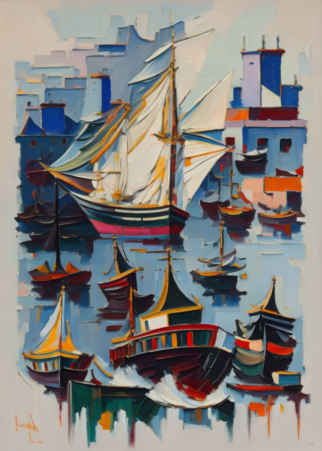 Colorful Harbor Scene: Sailing Ships, Boats, and Abstract Buildings