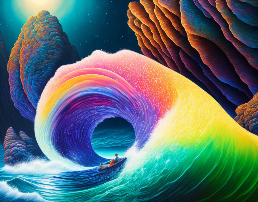 Colorful Psychedelic Illustration: Person Rowing Boat on Luminous Wave