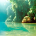 Tranquil turquoise river surrounded by lush green tropical foliage