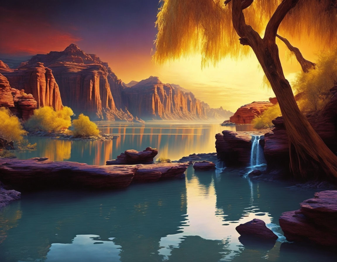 Tranquil river in red canyon with sunset, willows, and waterfall