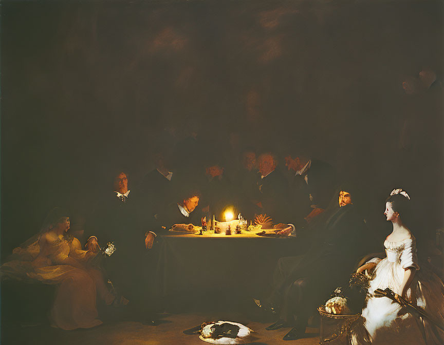 Vintage-themed gathering around candlelit table with woman in white gazing at light