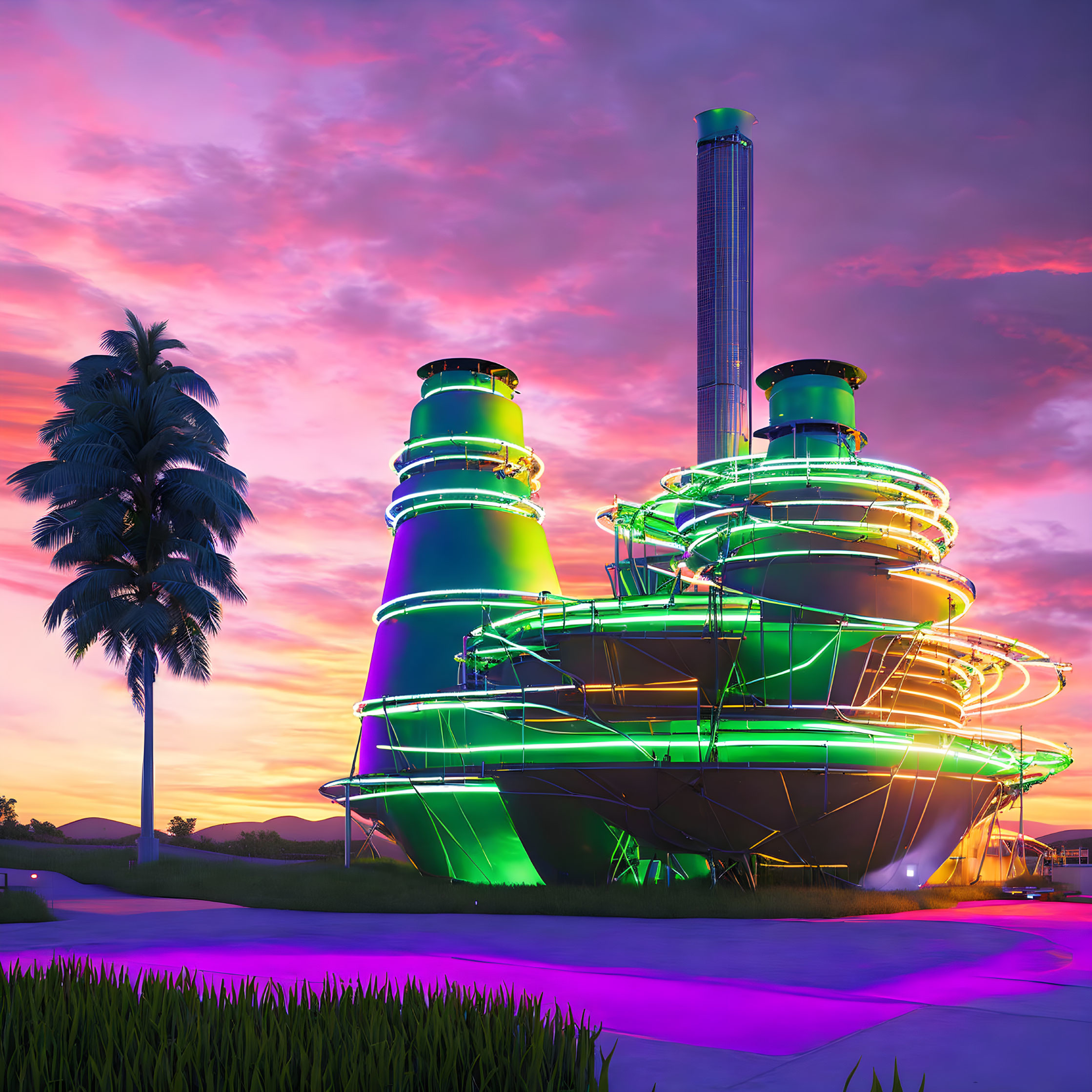 Futuristic building at sunset with neon green lights, palm tree, and lush grass