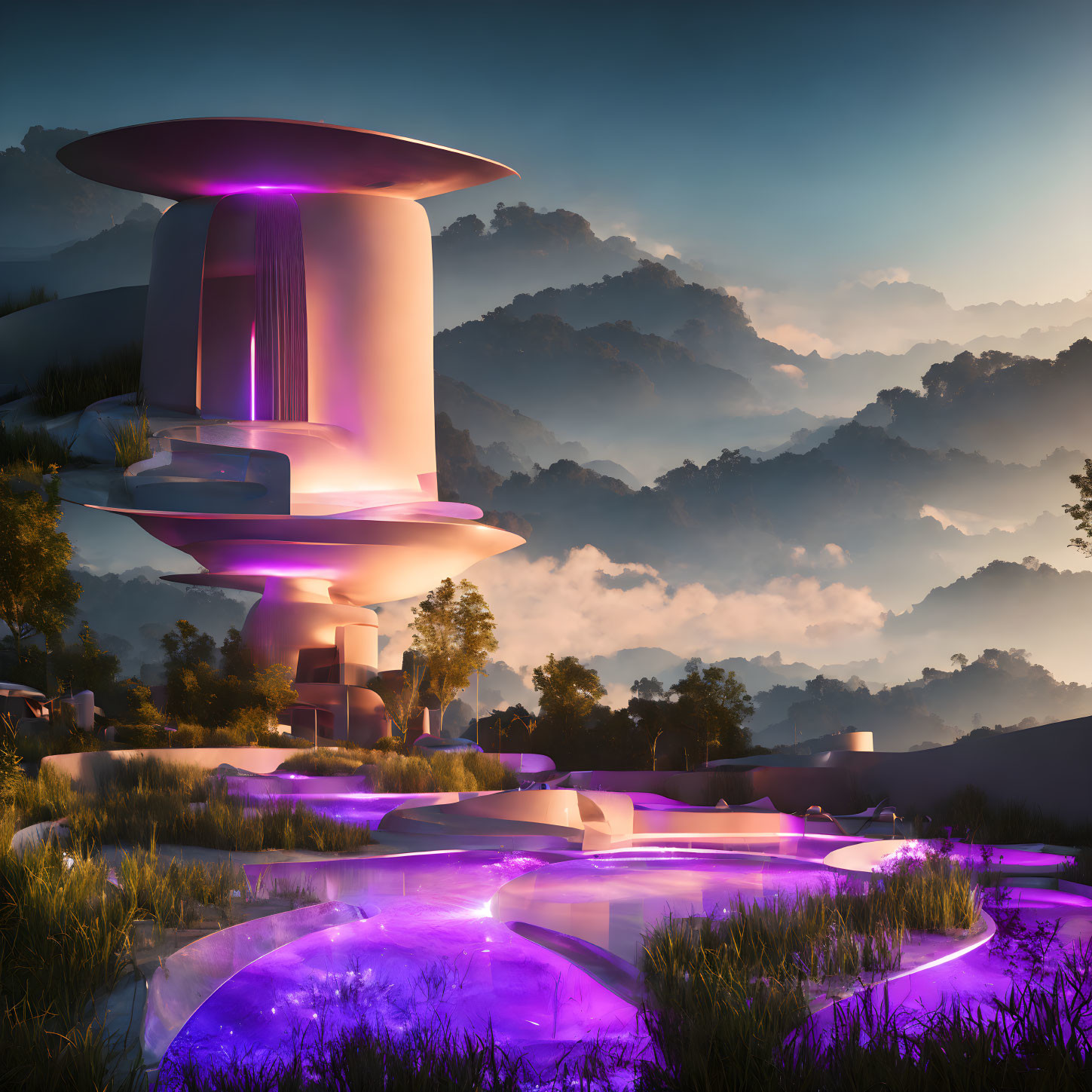 Futuristic building with purple lights in misty mountain landscape