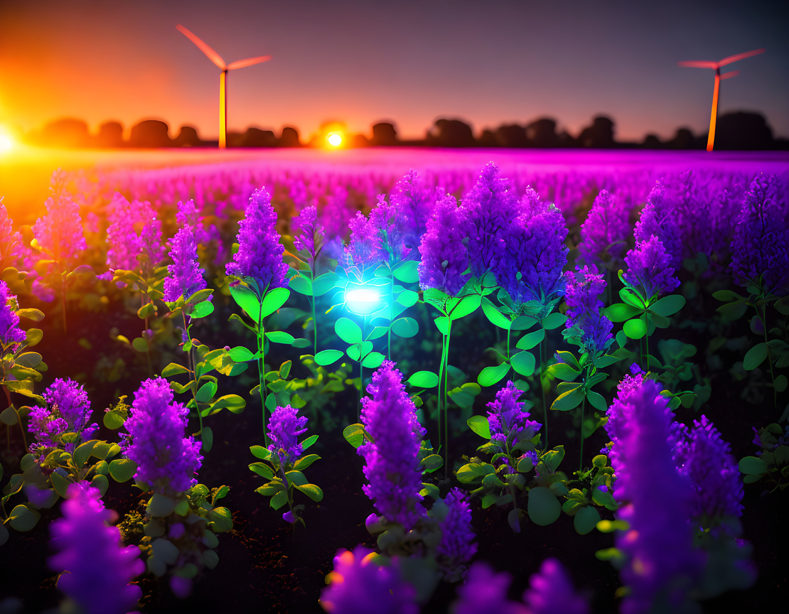 Purple Flowers Field with Wind Turbines at Sunset