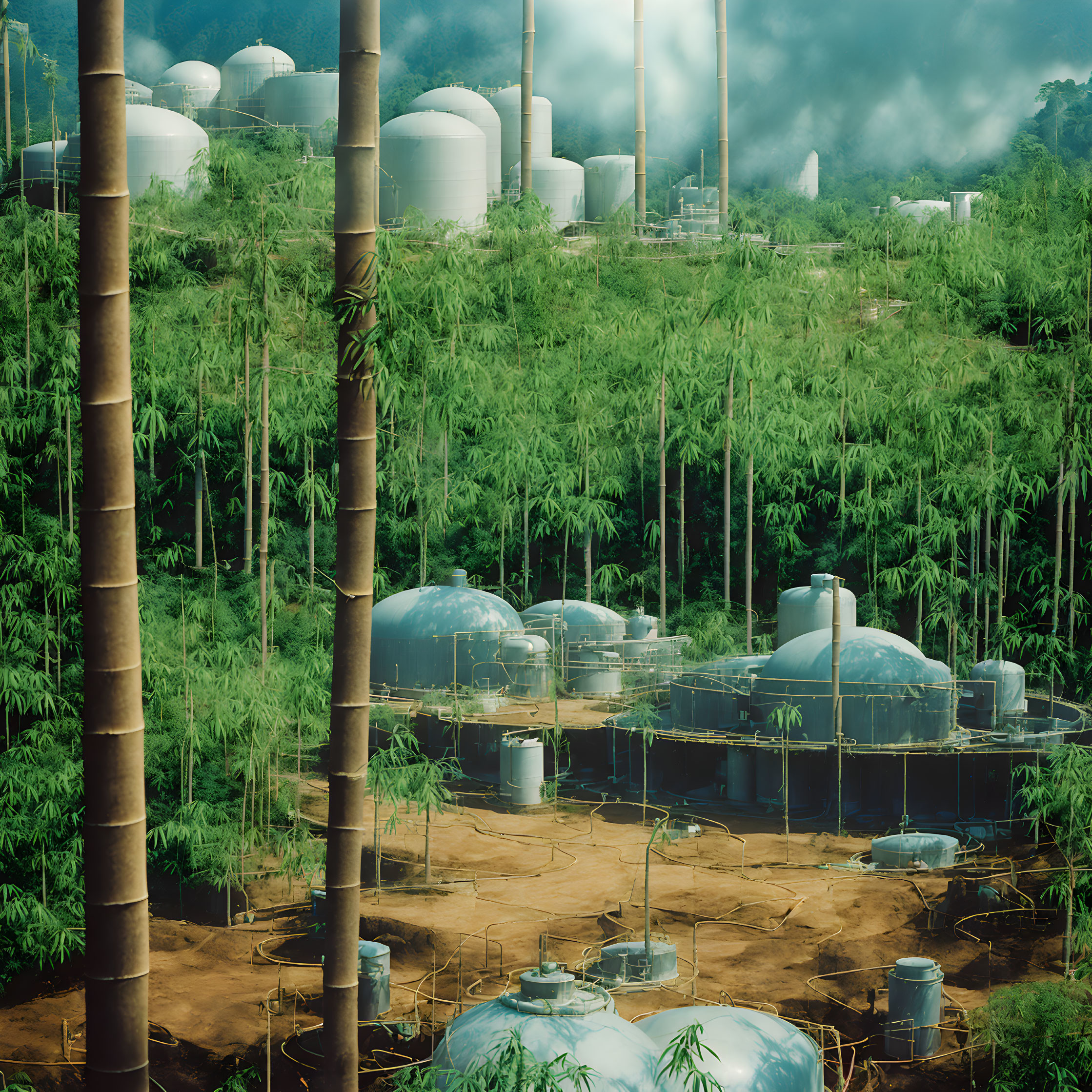 Spherical tanks in lush bamboo forest with rising steam.