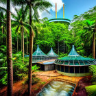 Spherical tanks in lush bamboo forest with rising steam.