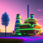 Futuristic building at sunset with neon green lights, palm tree, and lush grass