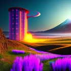 Futuristic building with purple lights in misty mountain landscape