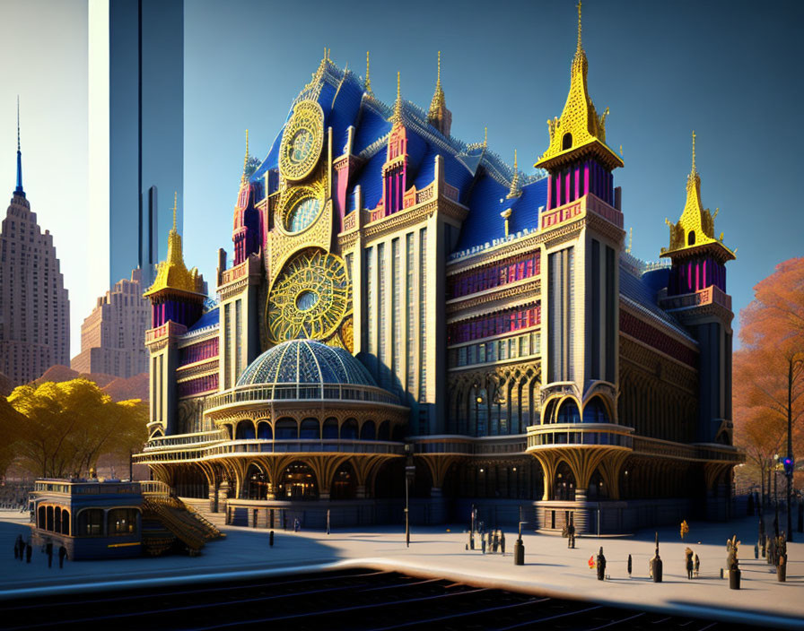 Fantastical building with spires, clocks, and glass dome under blue sky