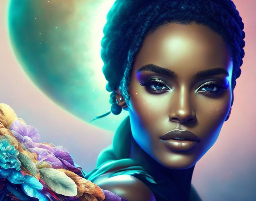 Detailed makeup and braided hair on a woman in front of a moon and flowers.