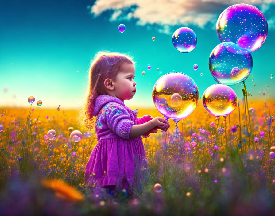 Child in Purple Sweater Surrounded by Iridescent Bubbles in Meadow