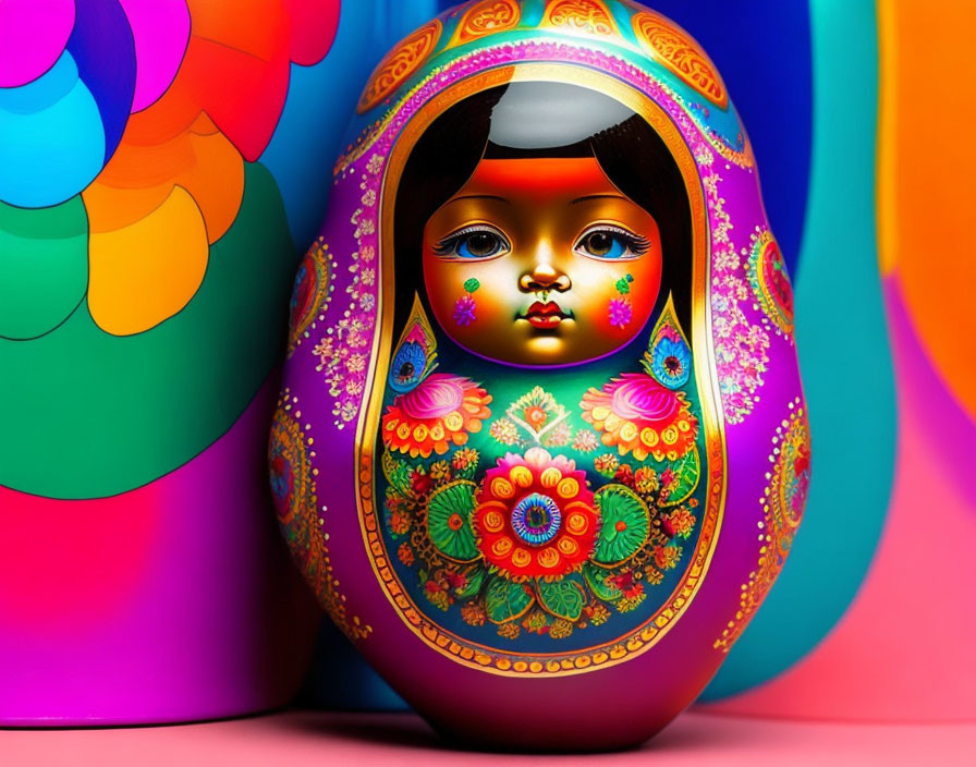 Colorful Matryoshka Doll with Floral Patterns on Vibrant Background