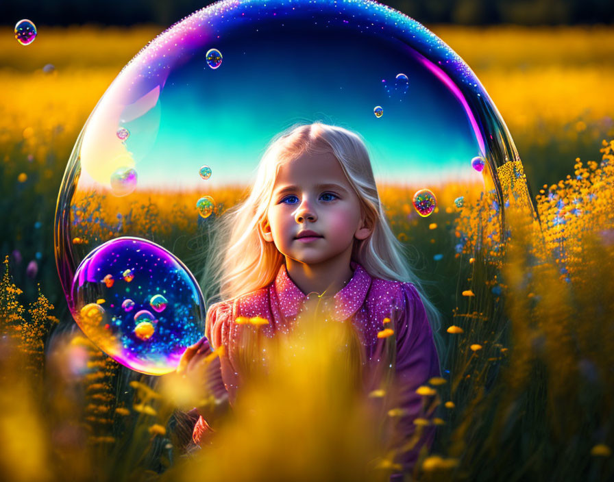 Blonde girl in yellow flower field at sunset with iridescent bubbles