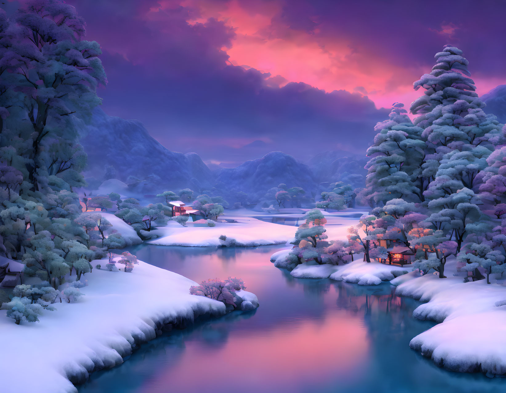 Snow-covered trees, tranquil river, quaint house under purple-pink sunset