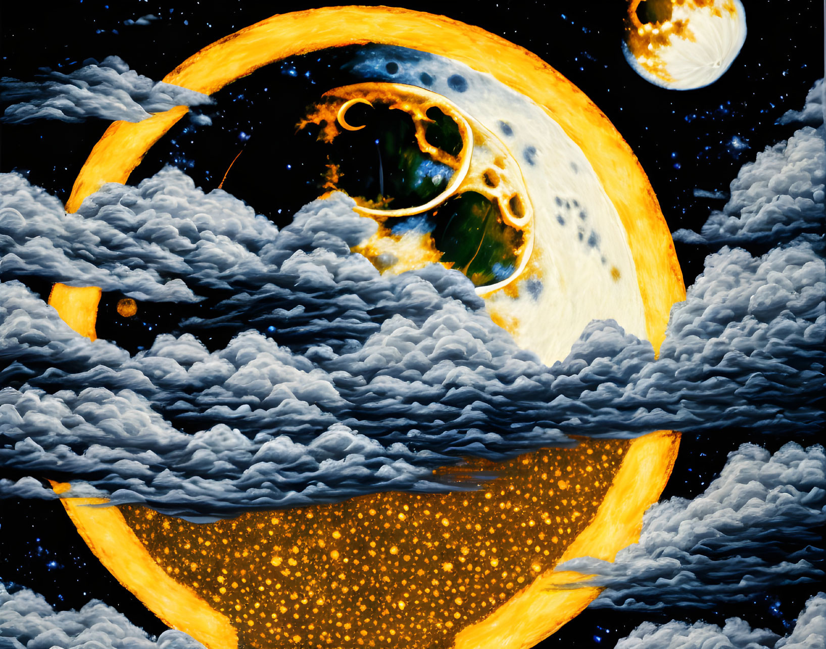 Celestial surreal artwork: Earth crescent merging with orange circle in starry sky