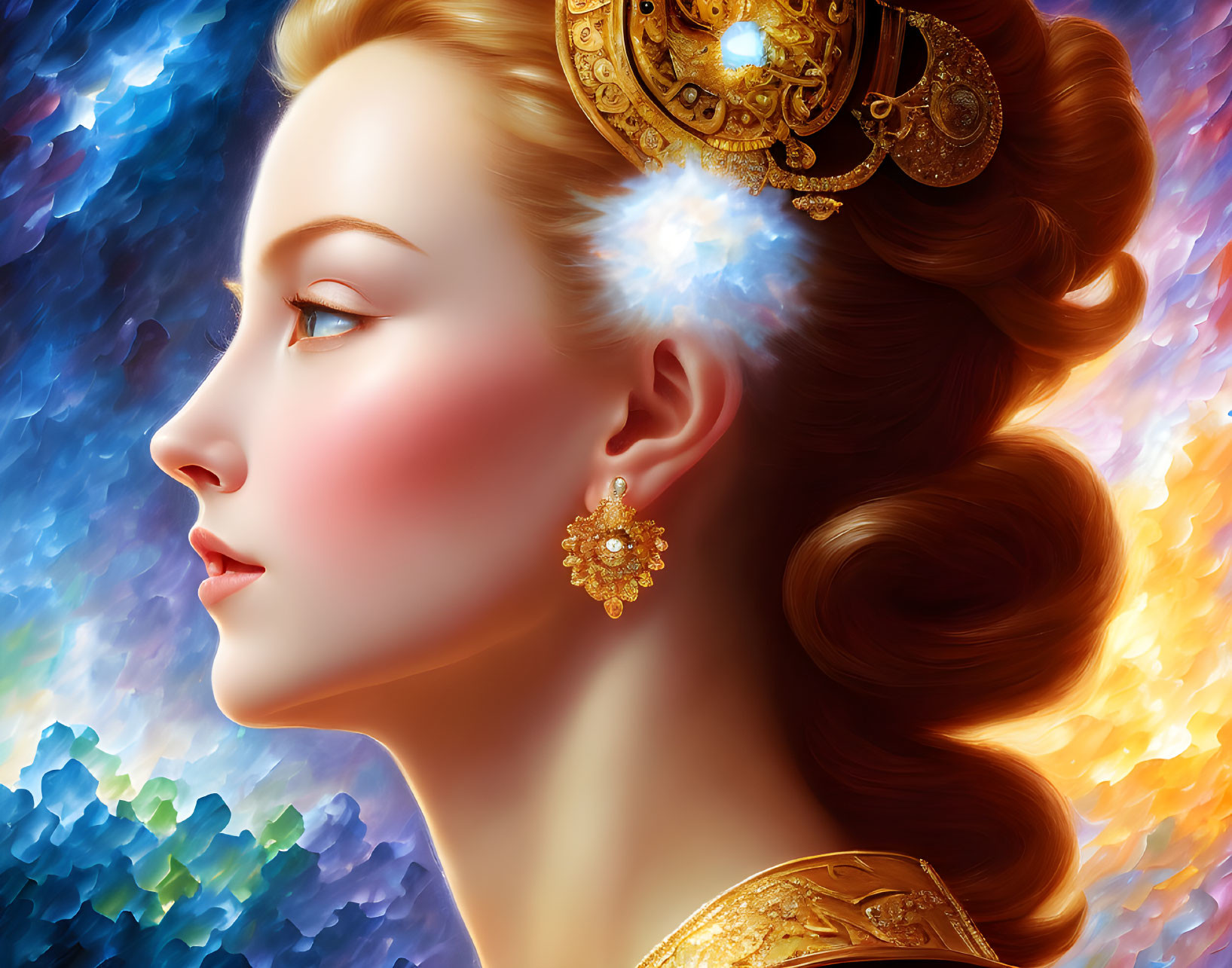 Elegant woman with gold jewelry in cosmic digital art