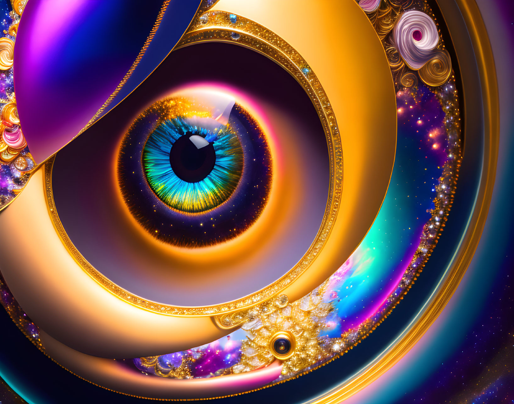 Colorful digital art: Eye amidst cosmic swirls & golden ornamental details