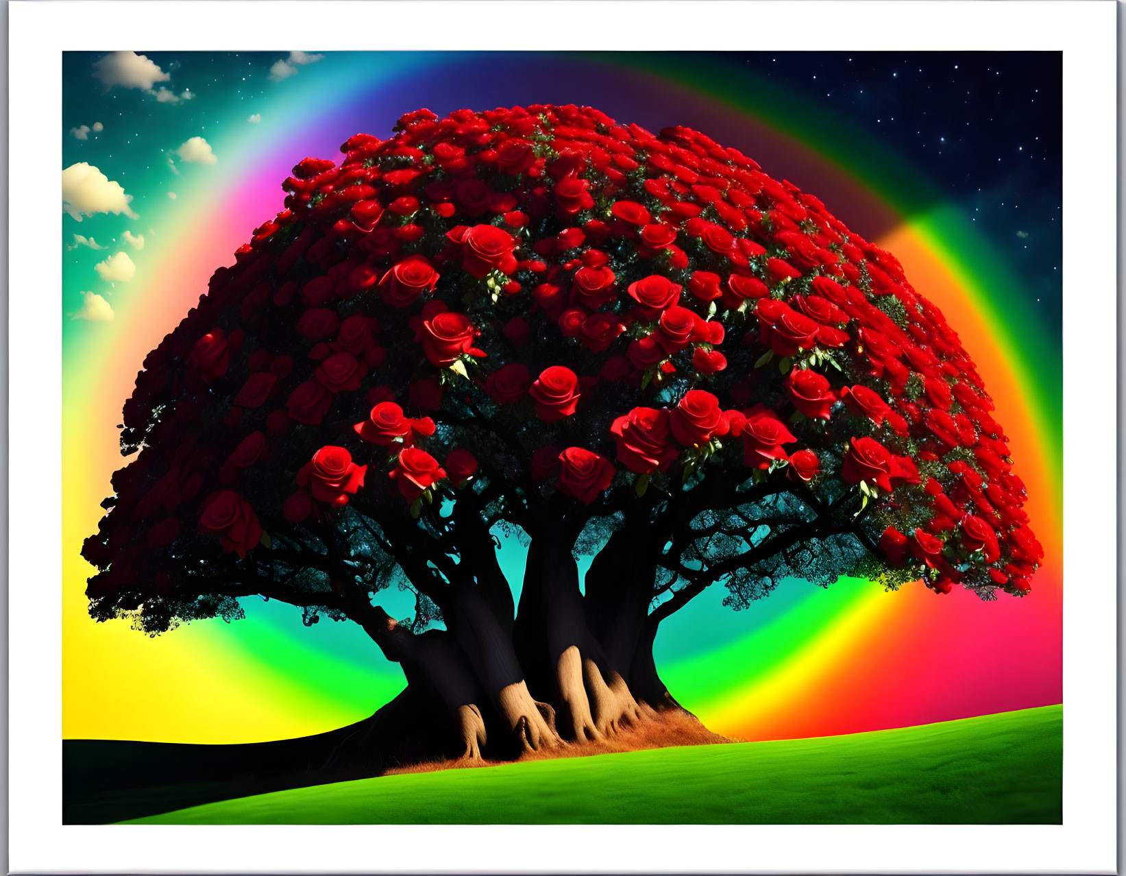 Colorful tree with red foliage under rainbow in starry sky and green hills