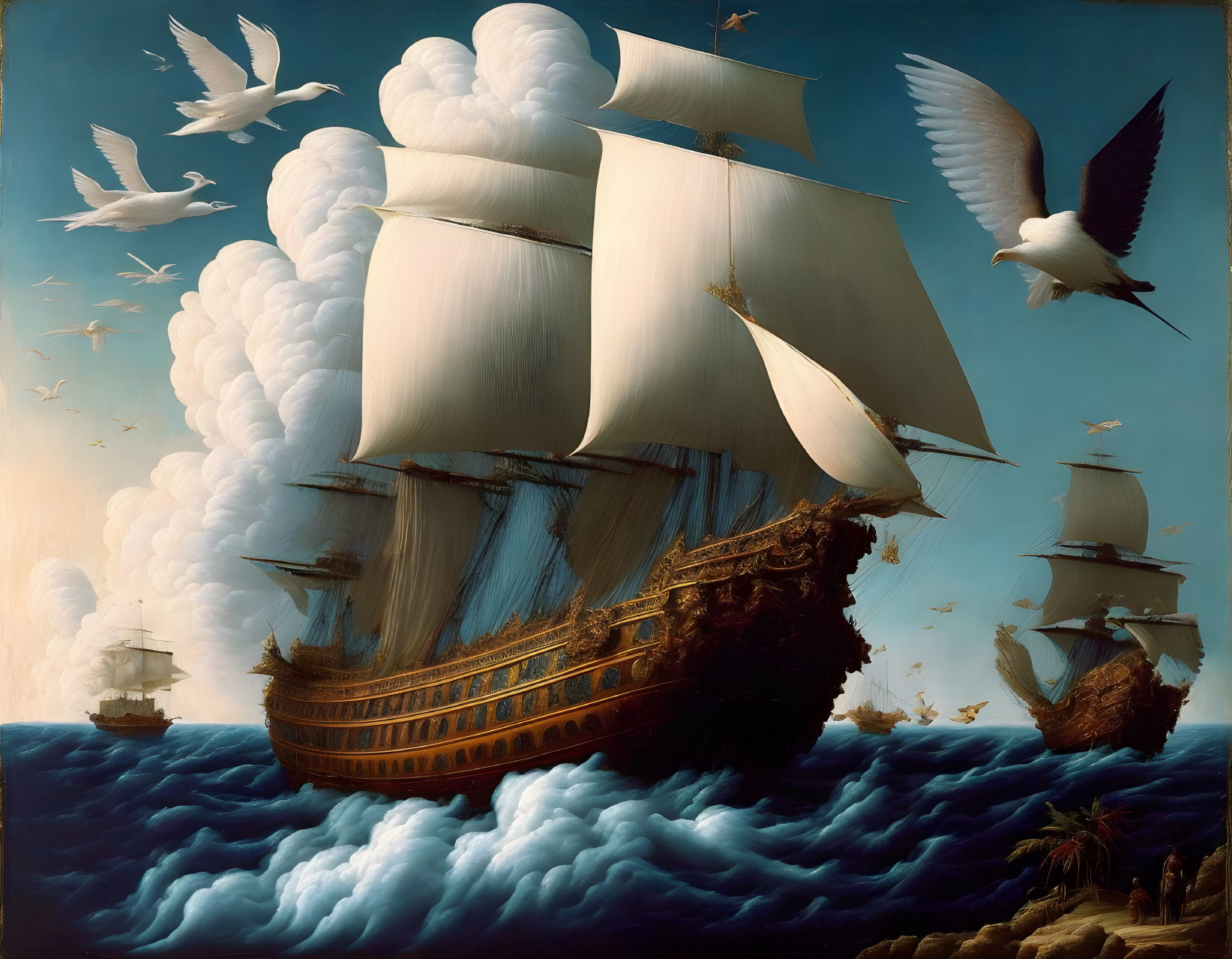 Majestic sailing ship with billowing sails on the ocean amid vessels and seagulls