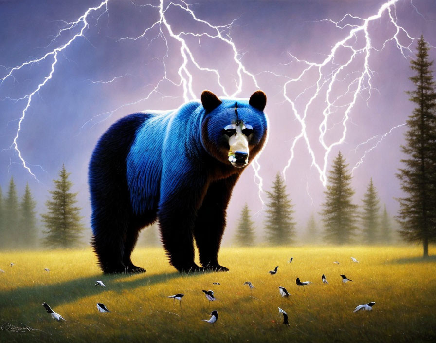 Blue bear in field with lightning and birds.