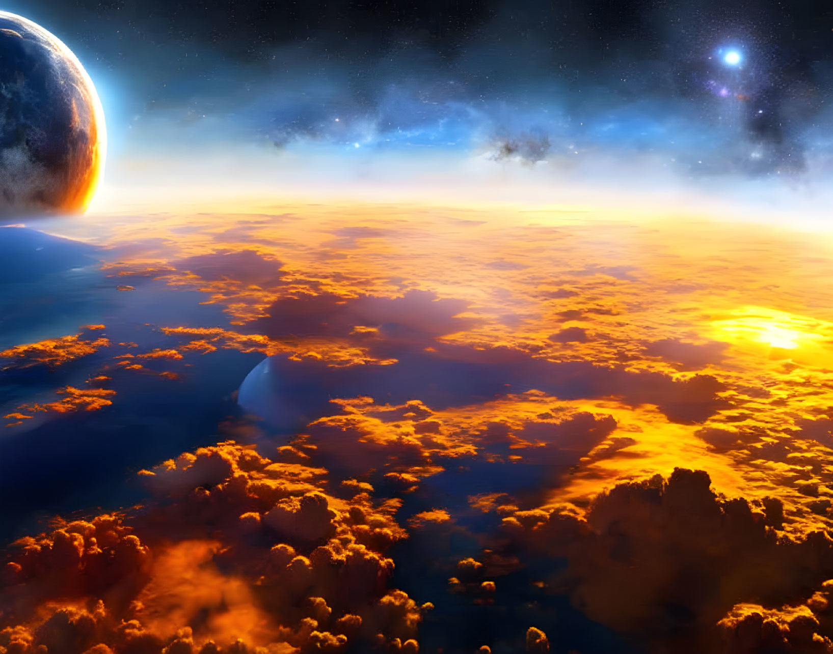 Vibrant space scene with glowing planet, sunset horizon, moon, and stars.