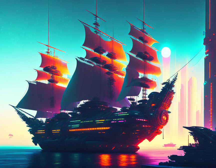 Futuristic sail ship in neon-lit harbor at dusk