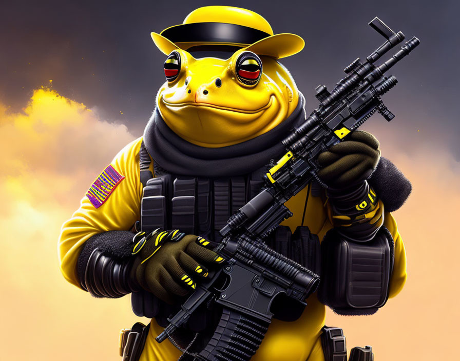 Anthropomorphic frog in tactical gear with rifle on orange background