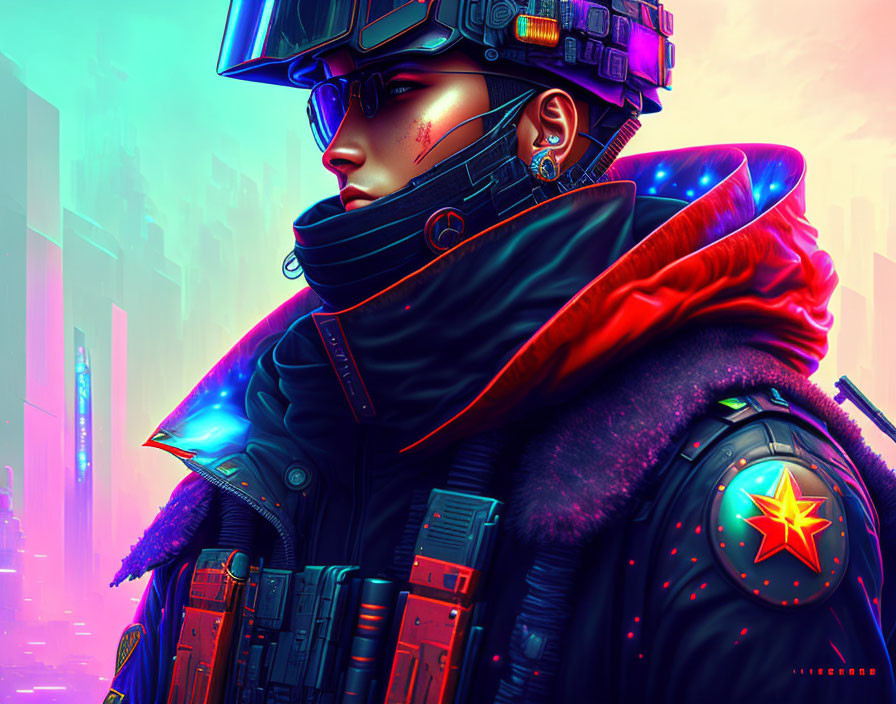 Futuristic portrait of a person with cybernetic enhancements in neon cityscape