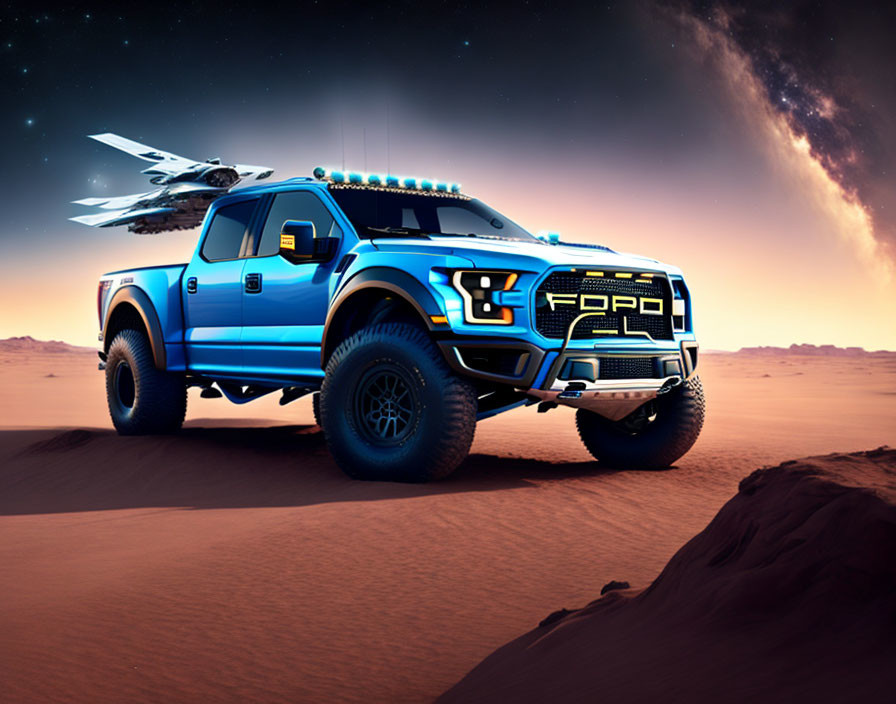 Blue Pickup Truck with Off-Road Tires Parked in Desert Sands Under Twilight Sky