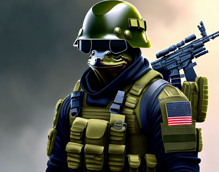 Military-themed illustrated frog character in tactical gear with American flag patch