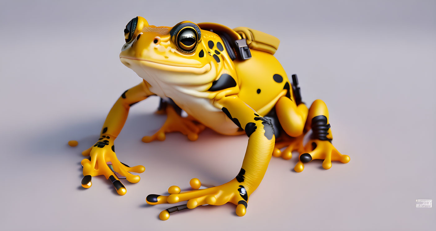 Mechanized frog 3D illustration with yellow and black robotic elements