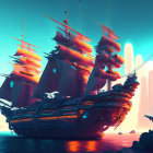 Futuristic sail ship in neon-lit harbor at dusk