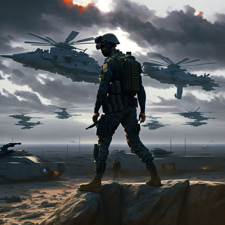 Military soldier in tactical gear overlooking desert battlefield with helicopters, tanks, and troops under cloudy sky