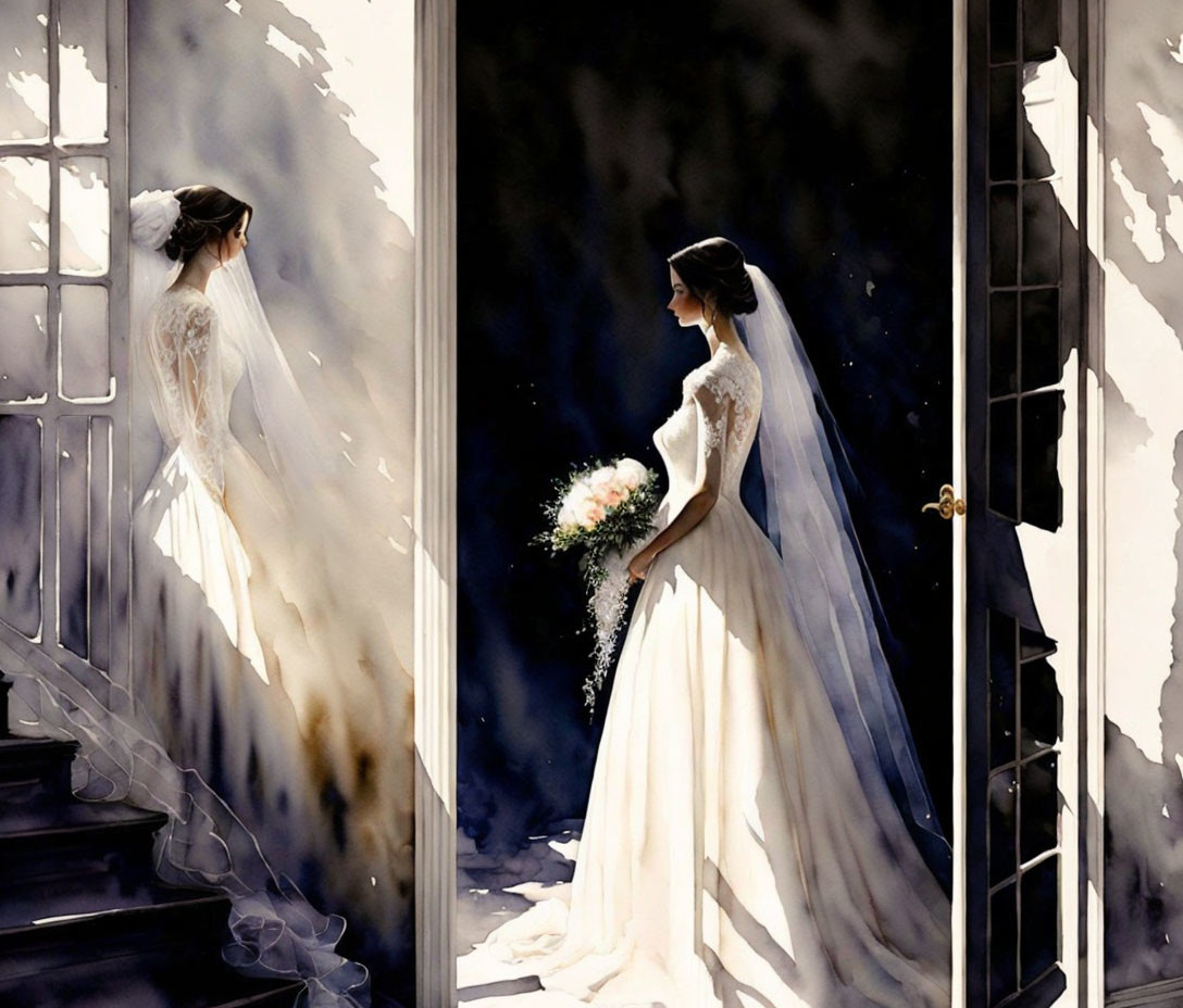 Bride in white gown with veil holding bouquet reflected in mirror.